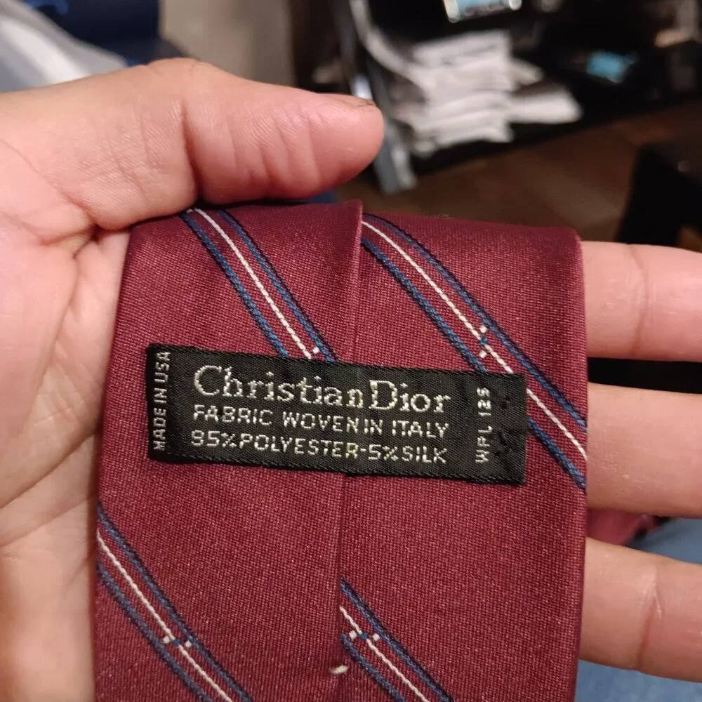 Vintage Christian Dior Designer Burgundy Brown Blue Stripe Silk Blend Tie Dad Me